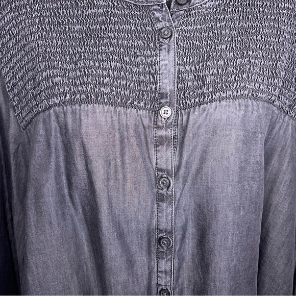 XL Grey Denim Lyocell Long Sleeve Top Womens Peasant Blouse Smocked Accent - Picture 7 of 14